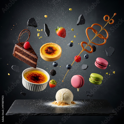 A dynamic still life showcasing a variety of desserts and fresh ingredients levitating against a dark background.