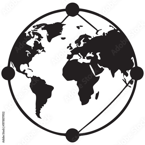 Black and White Globe Icon with Connected Dots and Lines – Global Network Symbol