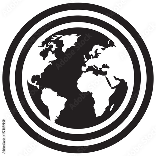 Black and White Globe Icon with Concentric Circles – Simple World Map Vector Illustration on White Background