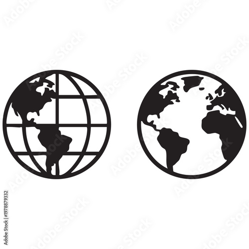 Black Silhouette Globe Icons Set – Grid and Simple Continents Vector Illustrations on White Background