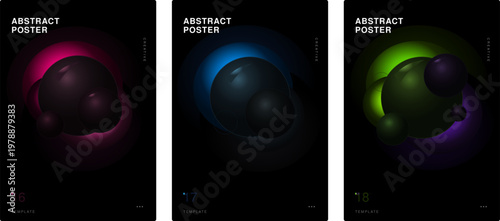 Abstract poster template set neon pink electric blue acid green deep purple glass orb design