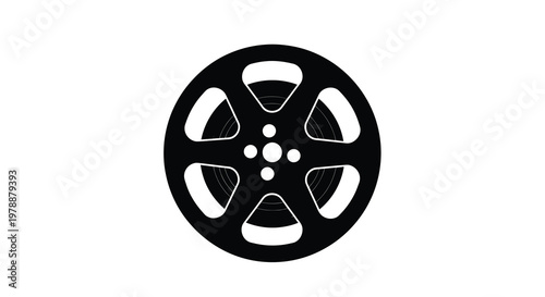 Black film reel with visible spokes and central hub silhouette