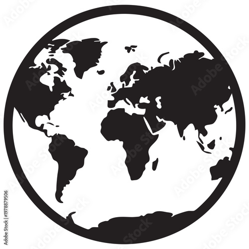 Black Silhouette World Map Globe – Simple Continents Vector Illustration on White Background