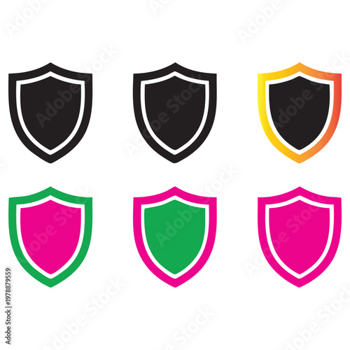 Colorful Heraldic Shield Icons Set – Black, Yellow, Green, Pink and Magenta Protection Symbols Vector Illustration on White Background