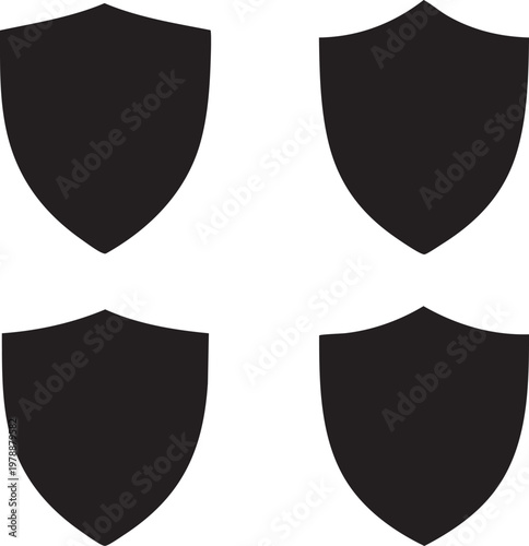 Black Shield Icons Set – Four Simple Heraldic Protection Vector Illustrations on White Background