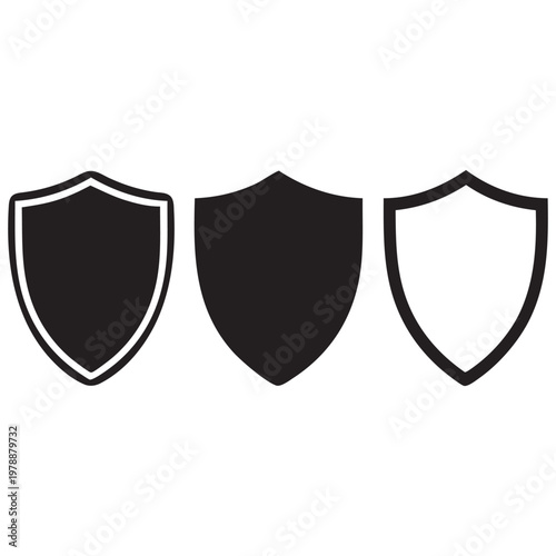 Black and White Shield Icons Set – Simple Heraldic Protection Vector Illustrations on White Background