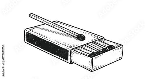 A black and white illustration depicts an open matchbox with a single match resting on top