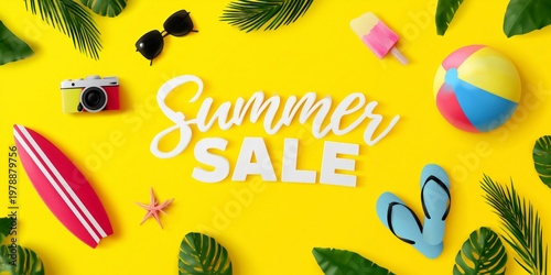 Bright Summer Sale With Beach Items and Tropical Elements on a Yellow Background