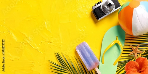 Summer Fun on a Bright Yellow Background With Beach Items and a Camera Displayed
