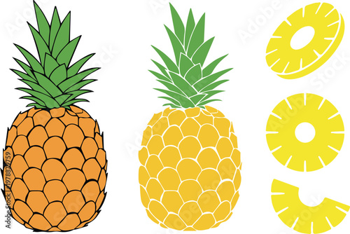  Pineapple set with whole fruit, slices, and wedges - Flat vector element isolated on white background