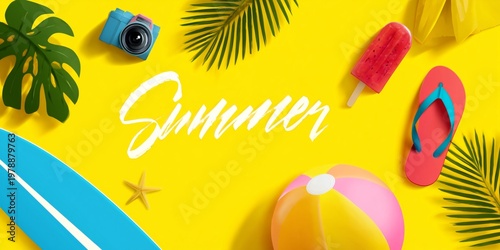 Summer Fun With Beach Items and Colorful Accessories on Bright Background