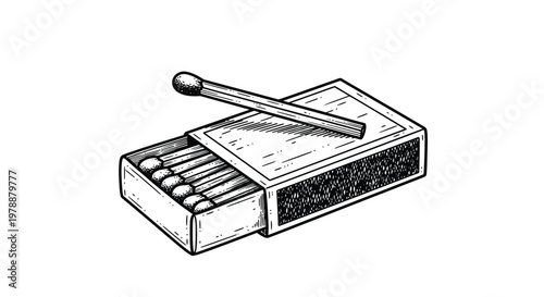 A vintage style illustration depicts an open matchbox with a single match resting on top