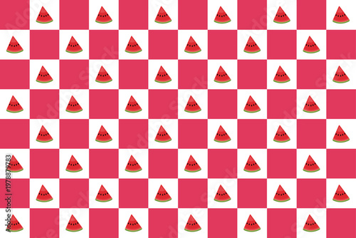 Watermelon checkered pattern background with pink squares and repeating fruit slices for summer design