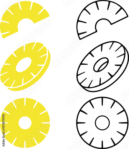 Set of fresh pineapple slices with whole rings and chunks in a flat, linear style - Yellow and outlined