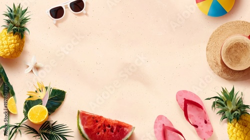 Tropical Fruits With Coconut and Pineapple on Sandy Beach With Clear Blue Sky