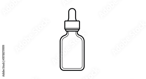 A simple black and white line drawing depicts a classic glass dropper bottle isolated on white
