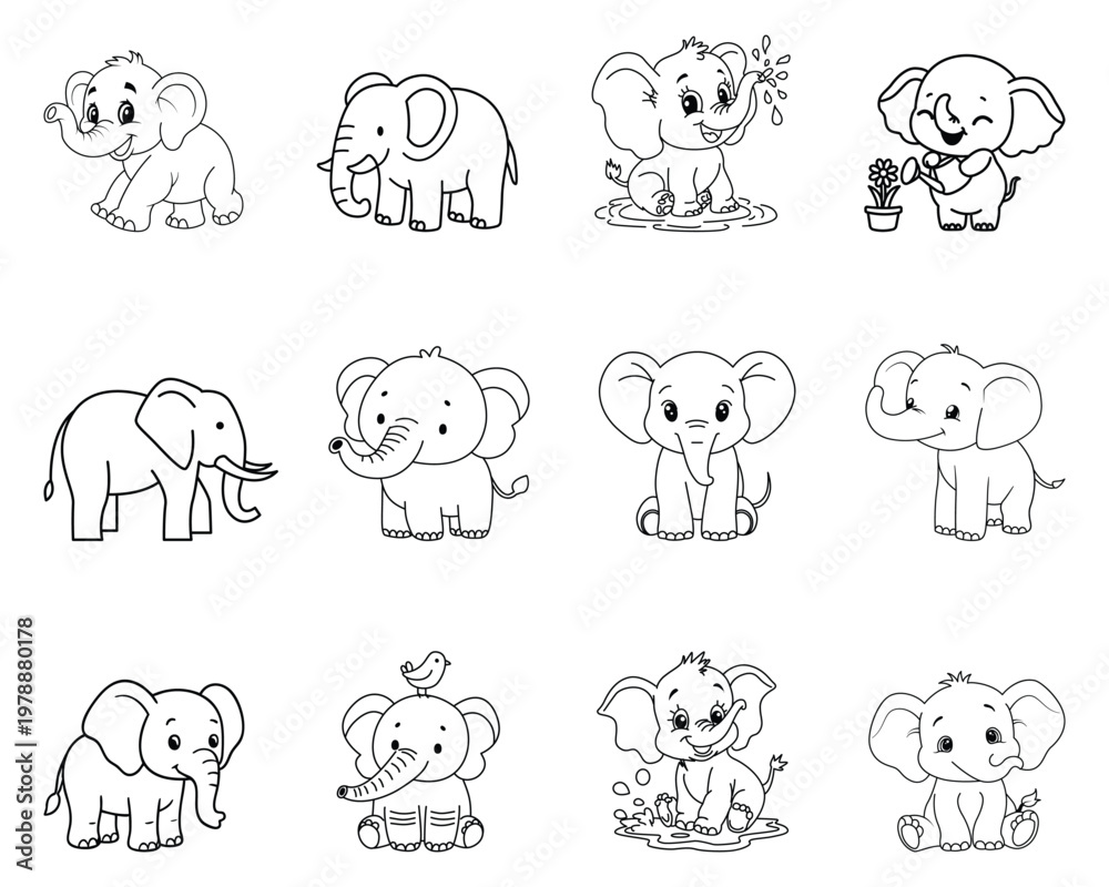 Obraz premium Elephant Coloring Book Line Art Icons Set