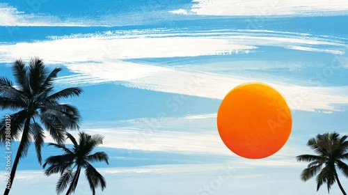 Sunset Over the Ocean With Palm Trees Framing the Horizon in a Colorful Sky