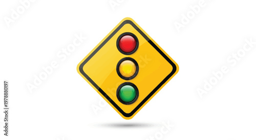 A vibrant yellow diamond shaped sign displays a vertical traffic light with red yellow and green indicators