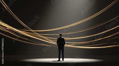 Confident CEO standing before abstract golden lines symbolizing growth. 
