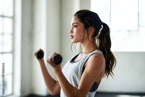 Woman Lifts Weights in Gym During Workout Session in Bright Fitness Center