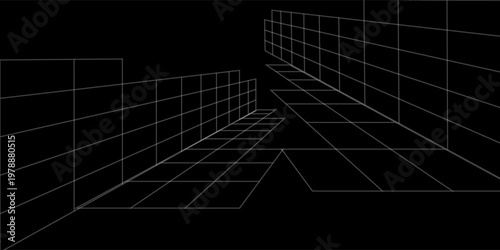 White terrain wireframe on black background. Relief meshed structure. Grid perspective deformation. Distorted lattice surface. Vector graphic illustration.
