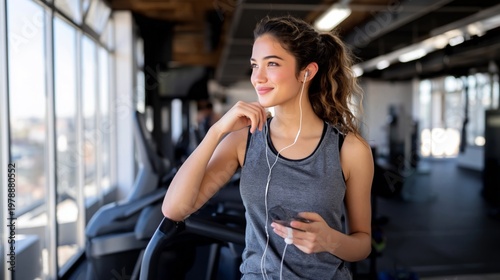 Young Woman in Gym Listening to Music While Looking out the Window During Wor...