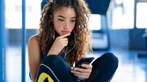 Young Woman in Gym Listening to Music While Looking out the Window During Wor...