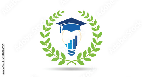 A graphic design featuring a graduation cap atop a lightbulb encircled by a laurel wreath