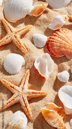 Colorful Shells and Starfish on Sandy Beach in Warm Light