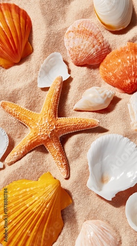 Colorful Shells and a Starfish on Sandy Beach Surface During Bright Daylight