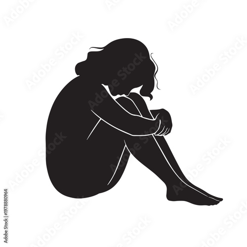Sad woman silhouette sitting on floor, lonely girl in fetal position representing depression, mental health concept vector illustration on white