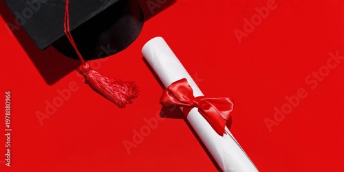 Graduation Cap and Rolled Diploma With Red Ribbon on Bright Red Background