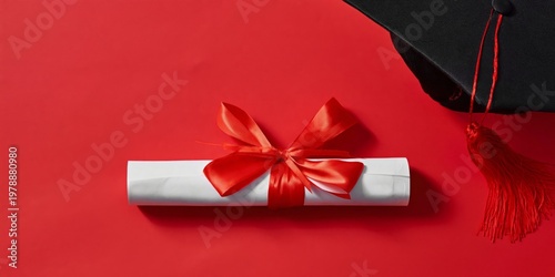 Graduation Cap and Rolled Diploma With Red Ribbon on Bright Red Background