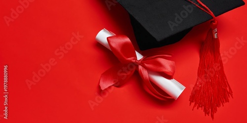 Graduation Cap and Diploma on a Bright Red Background During a Celebration Event