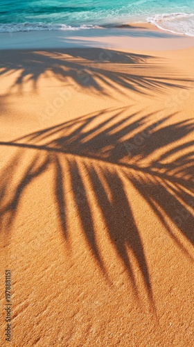Shadows of Palm Leaves on Sandy Beach Surface During Bright Sunlight Near Ocean