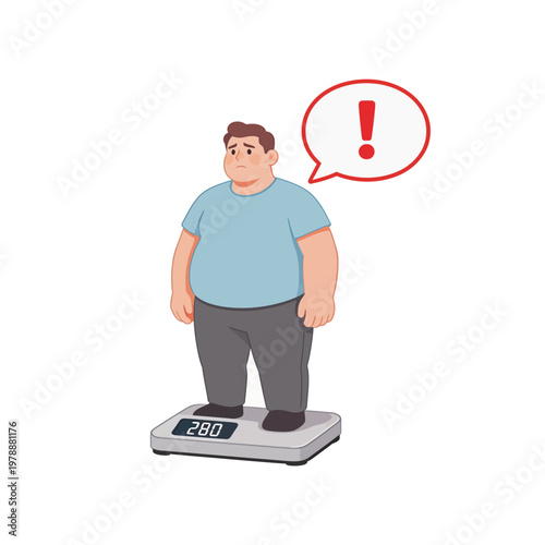 Vector of an overweight man standing on a digital scale with a concerned expression