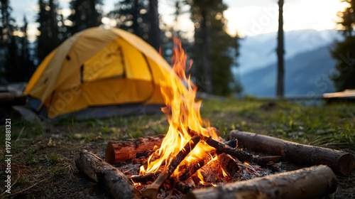 Camping Near a Fire With a Tent and Mountains in the Background at Sunset