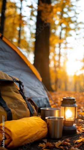 Camping Near a Fire With a Tent and Mountains in the Background at Sunset