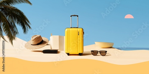 Bright Yellow Suitcase on a Beach With Hat, Sunglasses, and a Bowl at Sunset