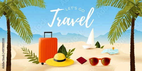Travel Plans With a Suitcase, Hat, Sunglasses and Beach Items on Sand Under P...