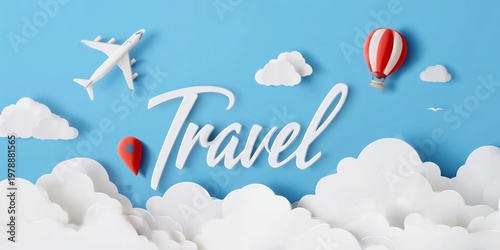 Travel Items and Symbols Over Blue Sky With Clouds and Palm Trees for Vacatio...