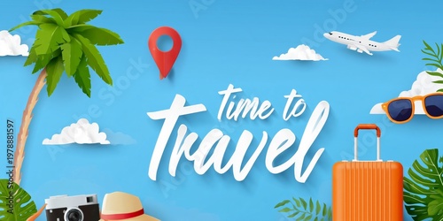 Travel Items and Symbols Over Blue Sky With Clouds and Palm Trees for Vacation Planning Time