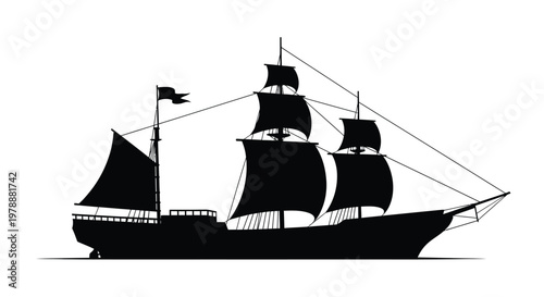 Detailed black silhouette of a historic sailing ship on a white background silhouette