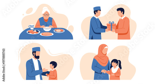 A warm illustration depicts family togetherness gift giving and shared meals during a celebration