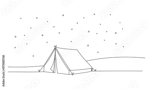 Tent under starry sky in continuous line art style