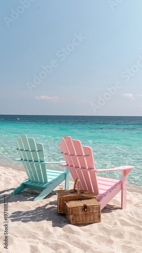Enjoying Time on the Beach With Pink and Blue Chairs and a Picnic Basket on a...