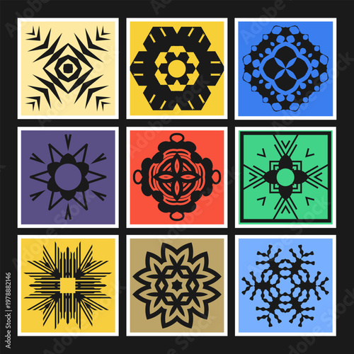 Nine colorful decorative elements inscribed in a square. Mandalas, ornamental fragments, and design objects. Vector set 4