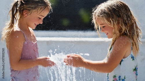 Two Girls Playing With Water at a Sunny Outdoor Location in Summer