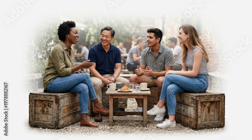 Diverse group of friends enjoying conversation and coffee outdoors at a cafe